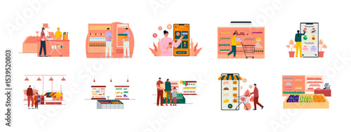 Supermarket illustrations set. Activity in supermarket concept. Flat vector illustrations.
