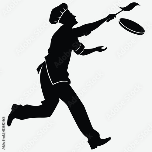 A chef flipping a pancake in midair image silhouette design vector art and illustration
