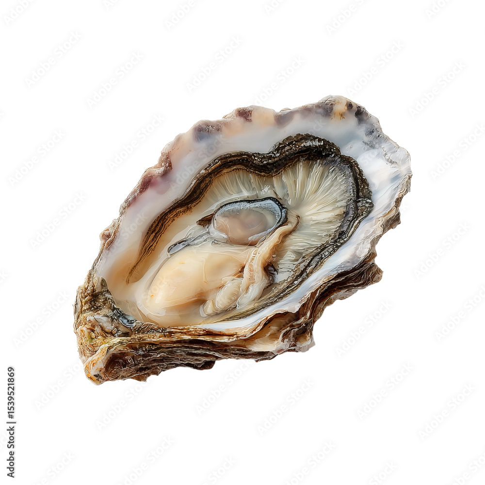 Naklejka premium Fresh oyster in shell, ready to eat. The oyster is glistening, showing its pearly interior.
