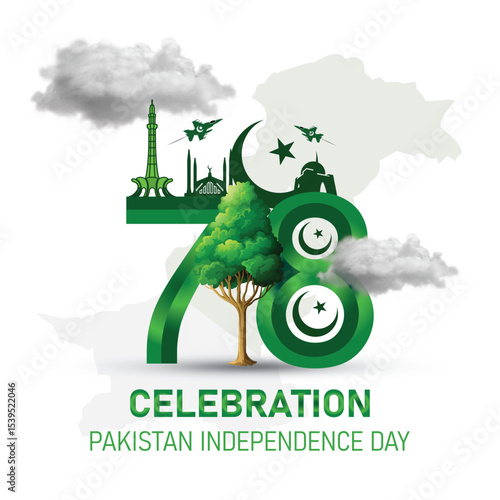 Pakistan Independence Day poster, card, banner, template with miner e Pakistan, cloud, tree, fasil mosque, tree, moon, star, typographic, with green background 