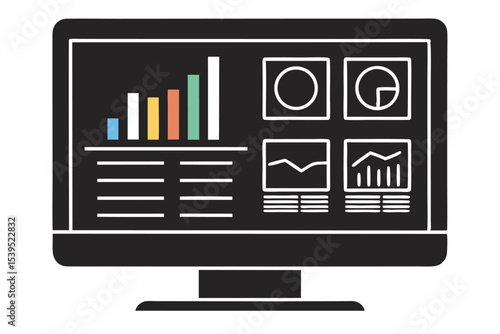 Black computer monitor displaying digital marketing statistics and charts