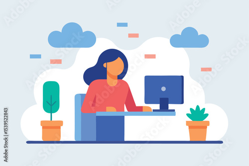 Flat design illustration of a woman working on computer at a desk with transparency