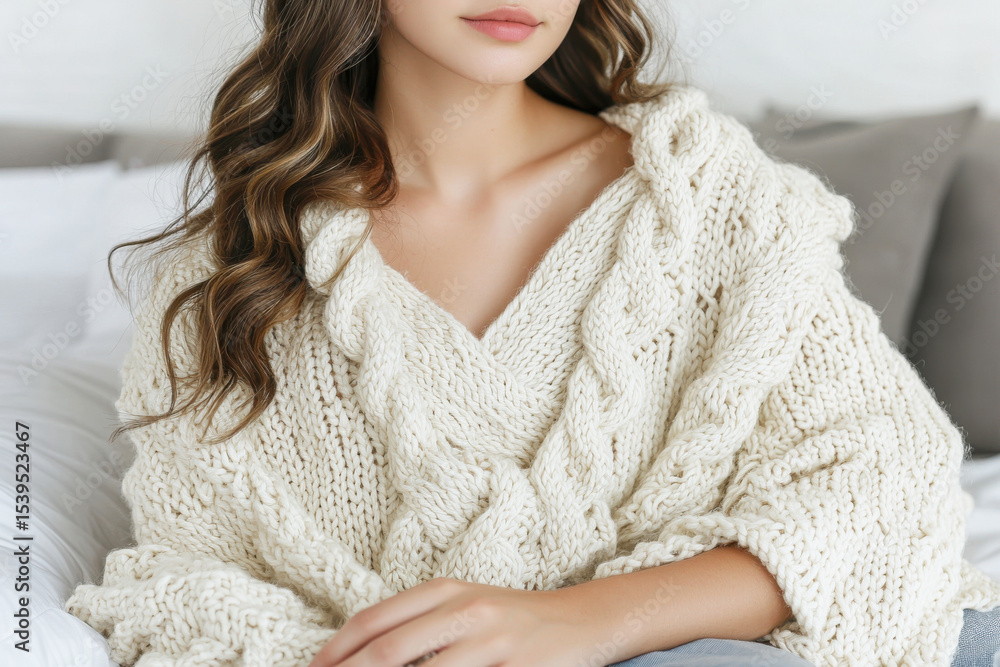 Cozy Knit: A young woman in a soft, oversized knit sweater sits in a well-lit indoor space, exuding comfort and warmth, focusing on style and relaxation Cozy Knit: A young woman in a soft, oversized knit sweater sits in a well-lit indoor space, exuding comfort and warmth, focusing on style and relaxation