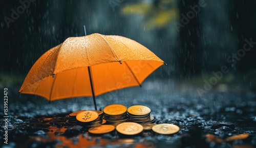 Wallpaper Mural Golden coins under a rain-drenched orange umbrella in a dark forest Torontodigital.ca