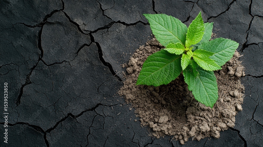 Emerging Life Resiliently: A Strong Plant Thrives in a Cracked, Arid Surface Representing Hope and Growth Emerging Life Resiliently: A Strong Plant Thrives in a Cracked, Arid Surface Representing Hope and Growth