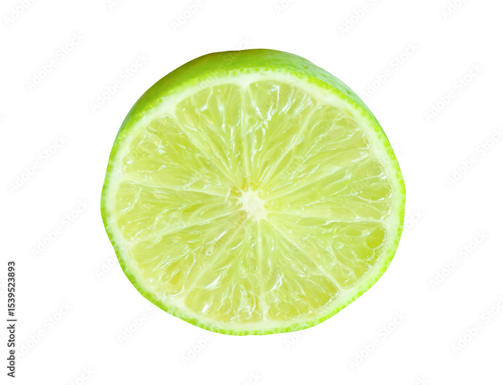 Front view of fresh green lemon fruit in half in circle shape without green leaf isolated with clipping path in png file format Front view of fresh green lemon fruit in half in circle shape without green leaf isolated with clipping path in png file format