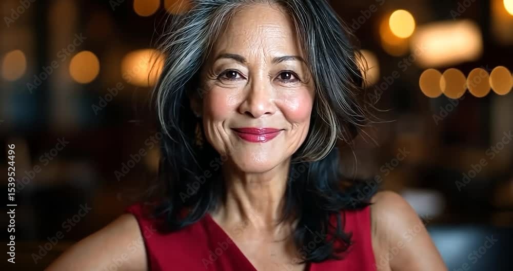 Portrait of a smiling mature woman with gray and black hair wearing a red sleeveless top against a softly blurred warm-toned background Portrait of a smiling mature woman with gray and black hair wearing a red sleeveless top against a softly blurred warm-toned background