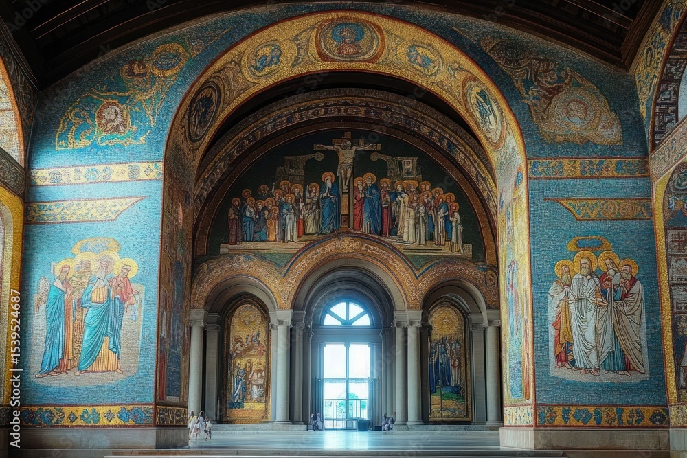 Fototapeta premium Interior view of a large religious building with detailed mosaic artwork depicting biblical scenes and figures surrounding arched doorways with natural light coming through