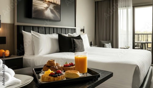 Luxurious hotel room with breakfast tray on bed