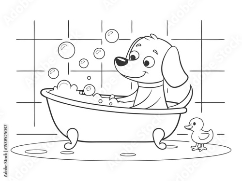 Cute puppy taking a bath. Dog grooming. Black and white vector illustration for coloring book