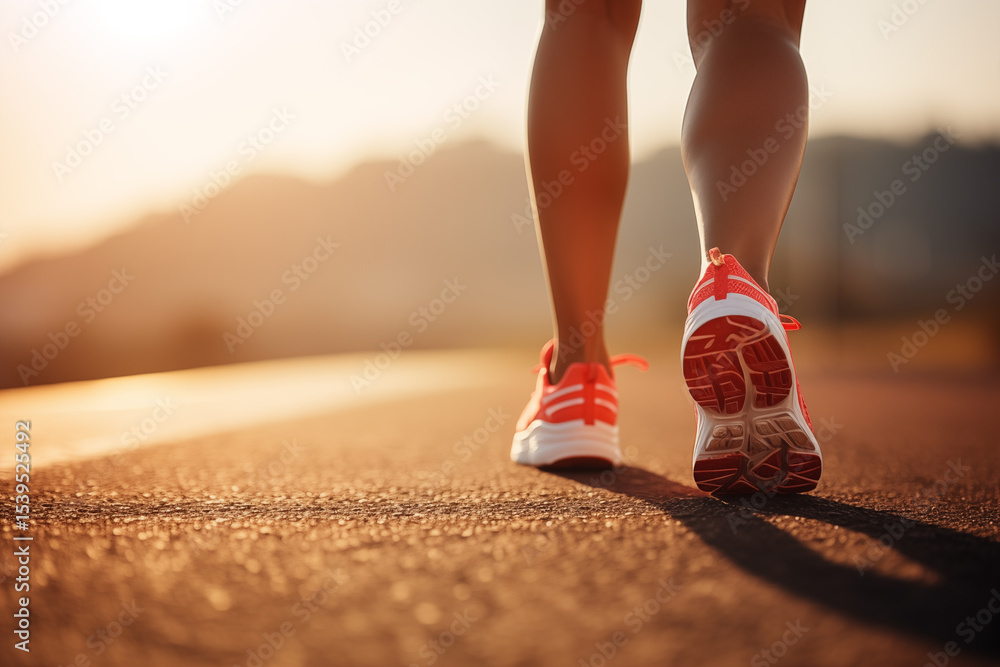 Fototapeta premium Close up view of runner sport shoes sprint running on track. A healthy life style showing running and walking theme