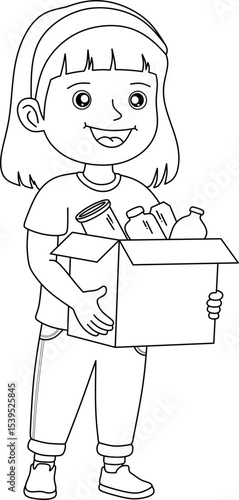Black and white line art of a happy cartoon girl holding a box of recyclables. Ideal for coloring books or environmental education