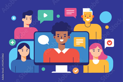 Group of people videoconferencing on a computer screen demonstrating digital marketing