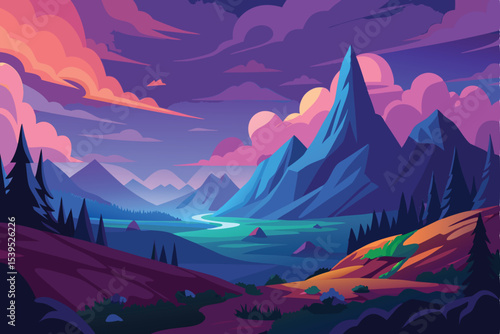 Stunning cartoon mountain landscape with sunset sky and lush vegetation design