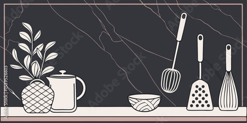 Kitchen utensils background with a blank space for a text and dark black marble background, home kitchen decor concept with kitchen tools