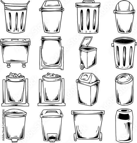 Various Trash Cans Line Art Set