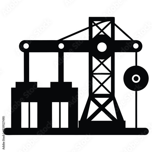 A black and white illustration of an industrial crane isolated on white background