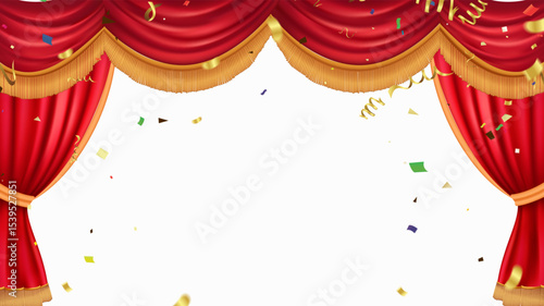 Red curtains are opening for the anniversary and product launch of valuable items. and celebration parties, birthdays, special occasions and confetti flying on white background, illustration