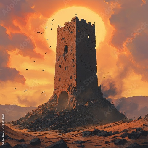 A weathered tower stands tall amidst a desert landscape at sunset. Birds soar in a fiery sky