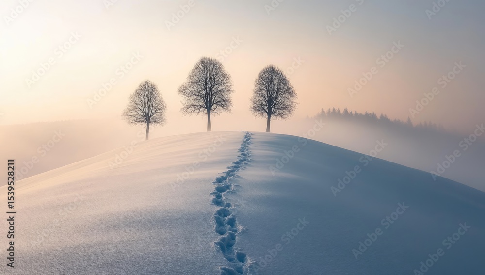 Snowy hilltop path, misty sunrise, trees Snowy hilltop path, misty sunrise, trees