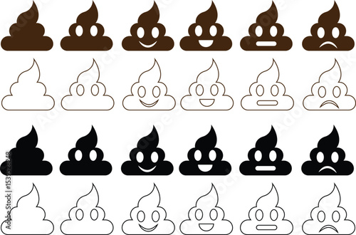 Poop emoji icon set. Emotional shit vector. Happy emoji, emoticons and sad. Pin, patch, stamp, icon, sticker collection isolated on transparent background. Cartoon emoji faces in different expressions