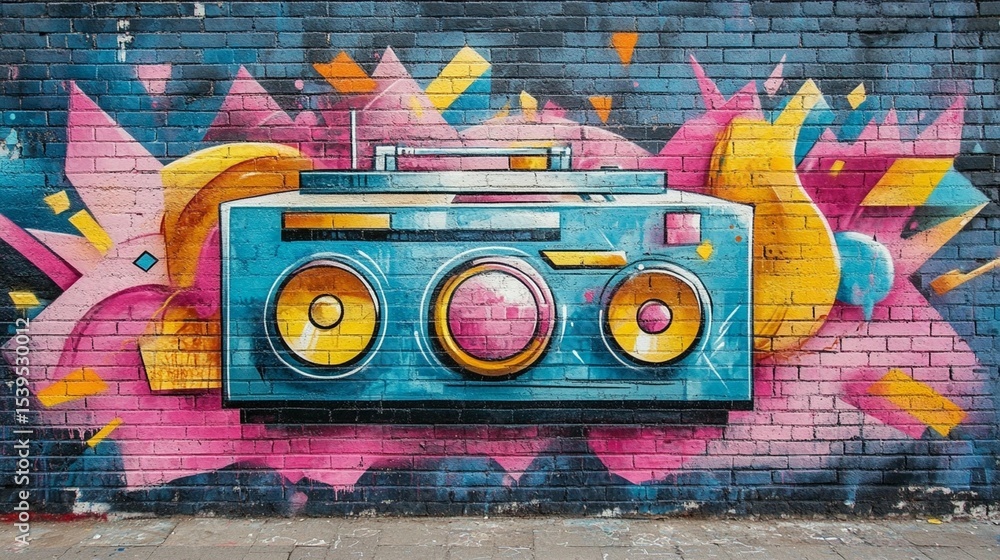 Naklejka premium Boombox Graffiti Brick Wall Art