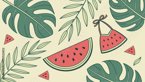 A whimsical and relaxed beach scene, featuring a variety of summer elements like a surfboard, palm tree, beach ball, sunglasses, and umbrella Summer Icons  and Summer Accessories