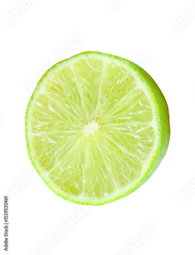 Front view of fresh green lemon fruit in half in circle shape without green leaf isolated on white background with clipping path