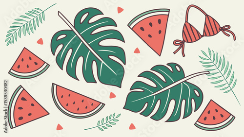 A whimsical and relaxed beach scene, featuring a variety of summer elements like a surfboard, palm tree, beach ball, sunglasses, and umbrella Summer Icons  and Summer Accessories