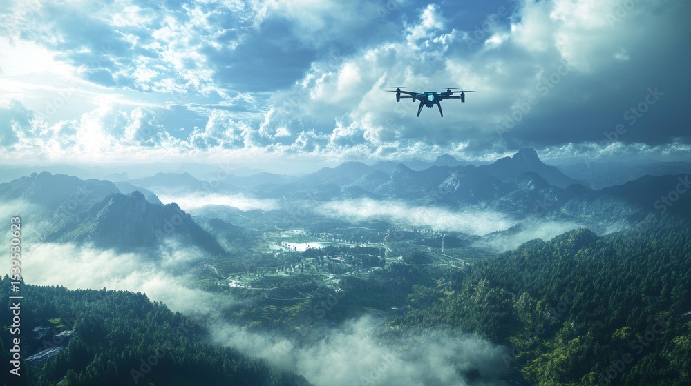Naklejka premium Drone Soaring Over Misty Mountain Valley