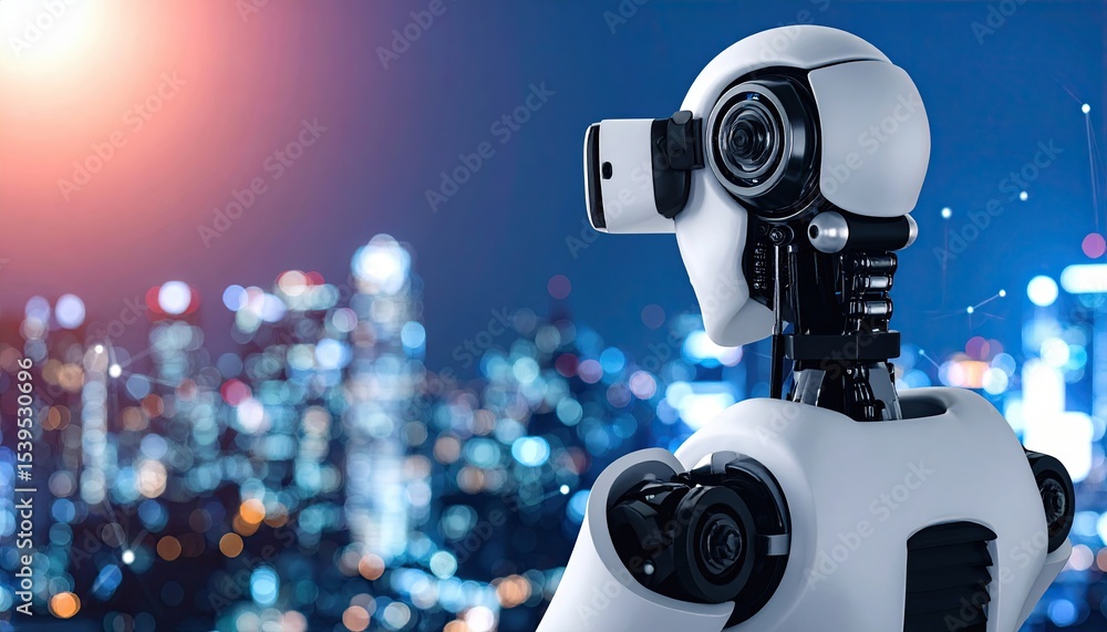 Humanoid Robot Wearing VR Headset in Futuristic Cityscape Humanoid Robot Wearing VR Headset in Futuristic Cityscape