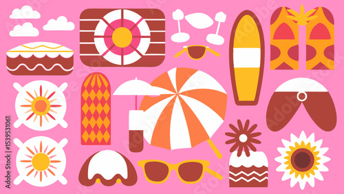 A whimsical and relaxed beach scene, featuring a variety of summer elements like a surfboard, palm tree, beach ball, sunglasses, and umbrella Summer Icons  and Summer Accessories