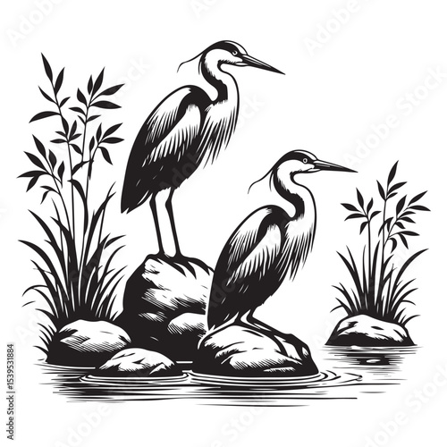A pair of graceful blue herons perched peacefully on a rock in the middle of the river.