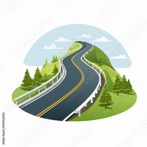 A winding road curves up a green hill under a blue sky with scattered clouds.