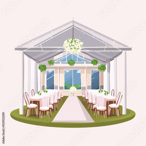 An illustration of an elegant wedding reception tent with tables and decorations.