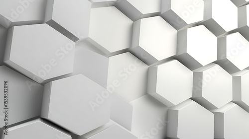 Abstract soft white hexagon tiles creating a layered structure, offset heights and delicate shadows create depth and movement across the wall