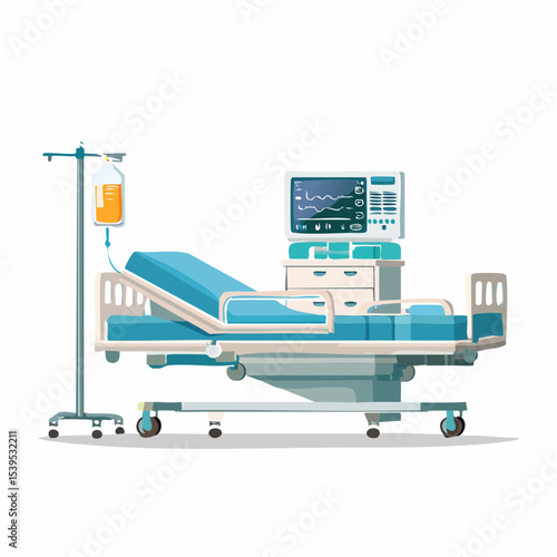 Hospital bed with monitor, IV drip, and bedside table, all in a clean, modern design.