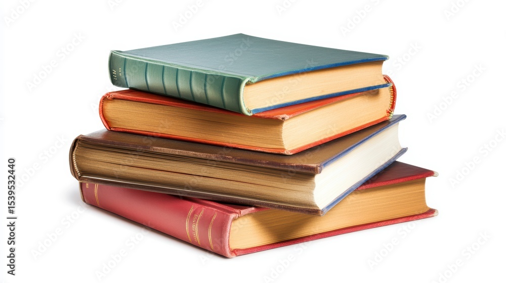 Stack of four hardcover books with various colors and textures isolated on white background. (1) Stack of four hardcover books with various colors and textures isolated on white background. (1)