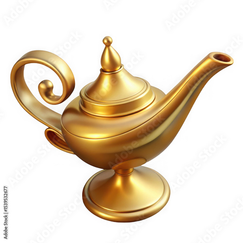 3d realistic golden genie lamp isolated on transparent background