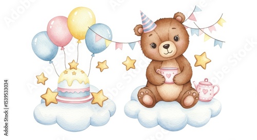 Cute Bear Birthday Celebration - Adorable cartoon bear enjoys birthday tea party on a cloud with cake and balloons. Perfect for children's products