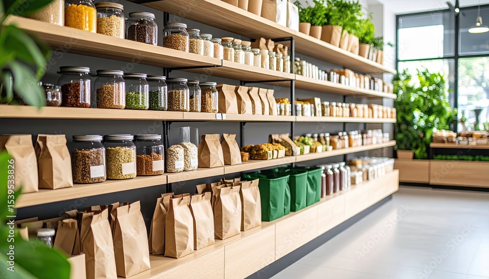 Zero-Waste Grocery Store Shelf with Bulk Bins, Paper Bags, and Glass Jars Zero-Waste Grocery Store Shelf with Bulk Bins, Paper Bags, and Glass Jars