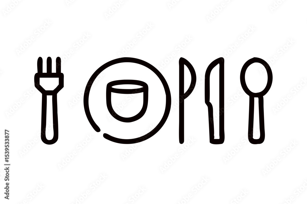 Flat black silhouette icons of dining and kitchen utensils – fork, knife, plate, glass and spoon Flat black silhouette icons of dining and kitchen utensils – fork, knife, plate, glass and spoon