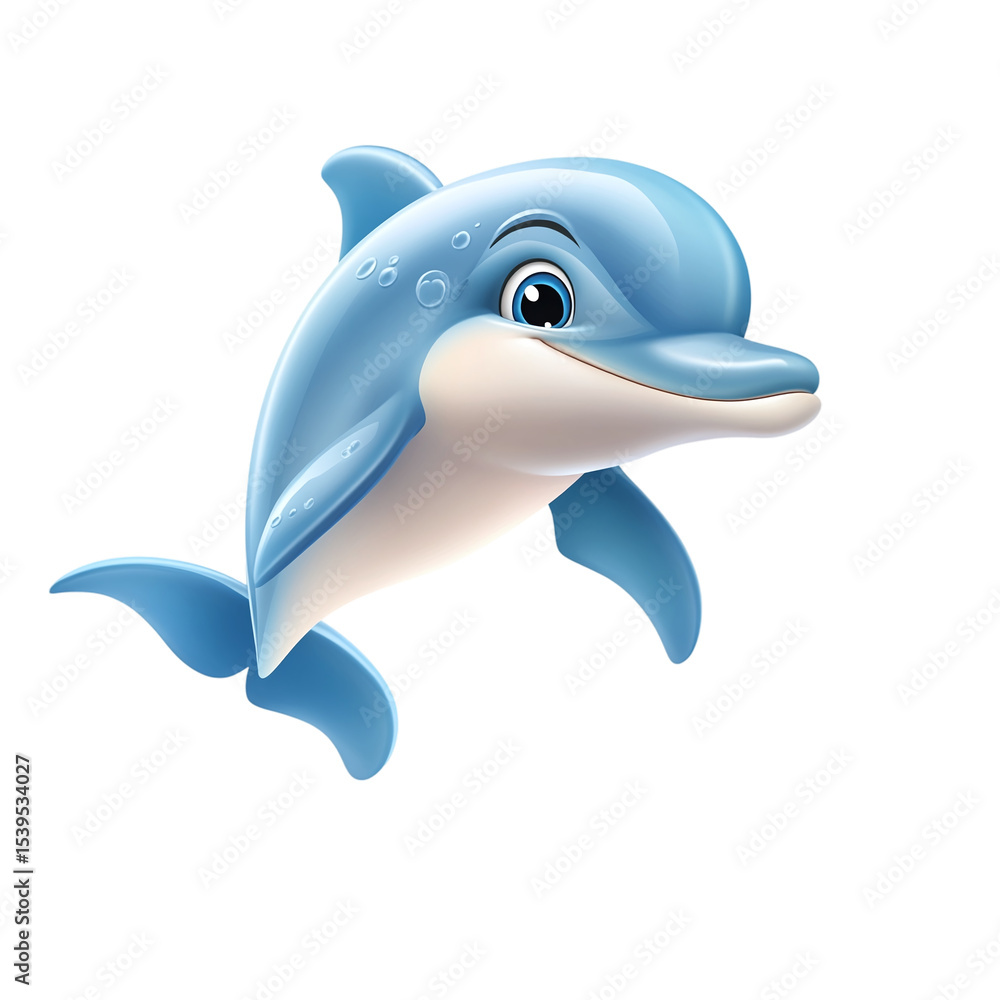 Obraz premium Cartoon dolphin character swimming joyfully in the ocean isolated on transparent background.