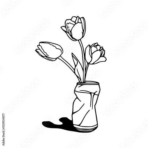 tulips in crushed can vase illustration
