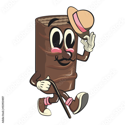 chocolate wafer cartoon mascot carrying a stick and saluting with raised hat, high-resolution isolated vector snack character illustration, perfect for dessert branding, work of hand drawn
