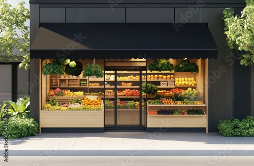Modern grocery store facade with fresh produce