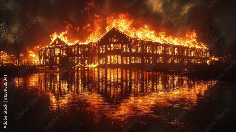 Fototapeta premium Burning building with reflection in water.