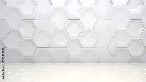 Modern repeating white hex wall pattern with subtle pastel reflection hues, elegant and minimal with natural lighting