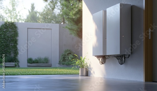 Modern home exterior with energy storage units.  Sunlight streams into a garden area