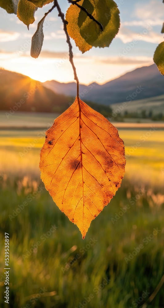 Obraz premium Golden leaf hangs from branch, sunset over field and mountains